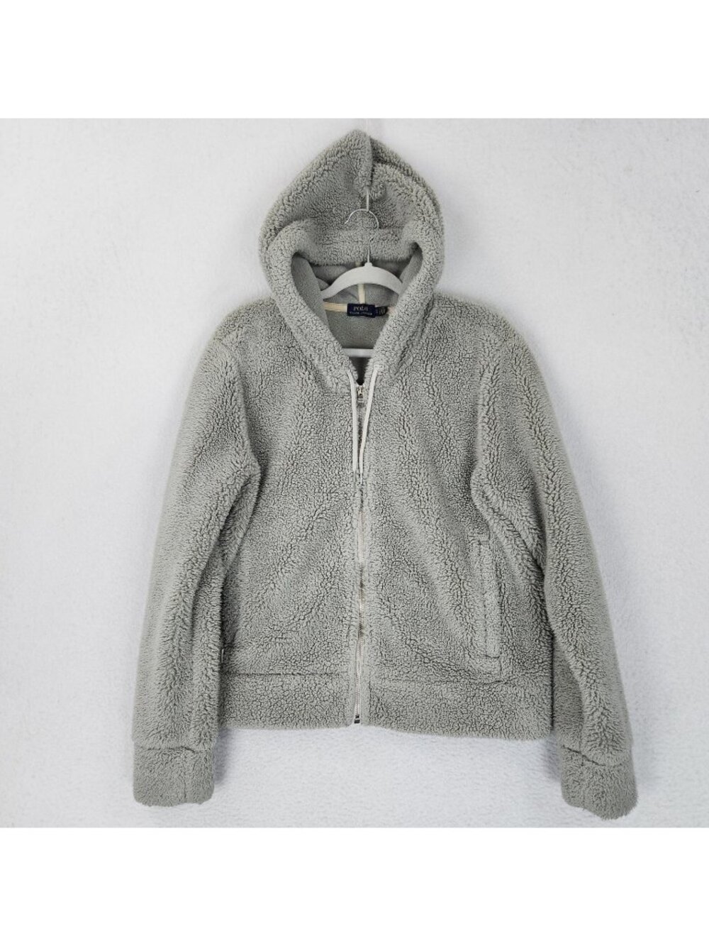 Polo Ralph Lauren Jacket Womens Large Gray Sherpa Fleece Hooded Full Zip Teddy